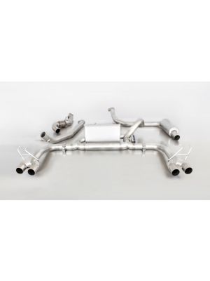 REMUS performance cat-back-system for left hand drive models consisting of: Resonated cat-back section, sport exhaust centered for L/R-system with integrated valve (selectable tail pipes), incl. EC homologation